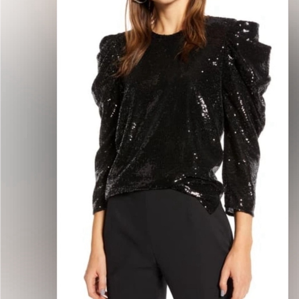 Something Navy Sequin Night Out Sequin Puff sleeve top in black